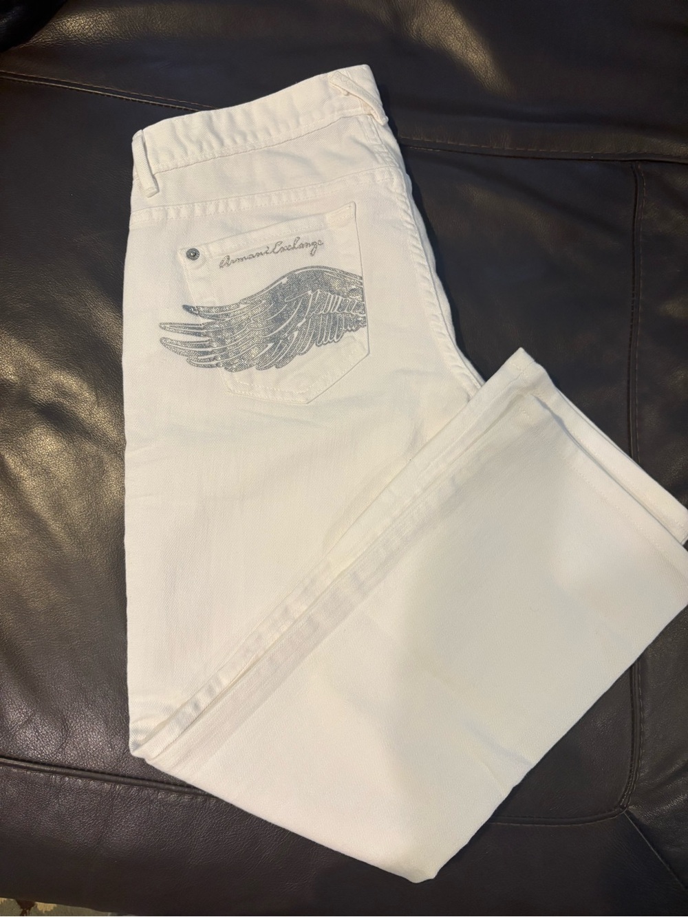 Armani Exchange White Straight Leg Jeans with Silver Wing Pocket